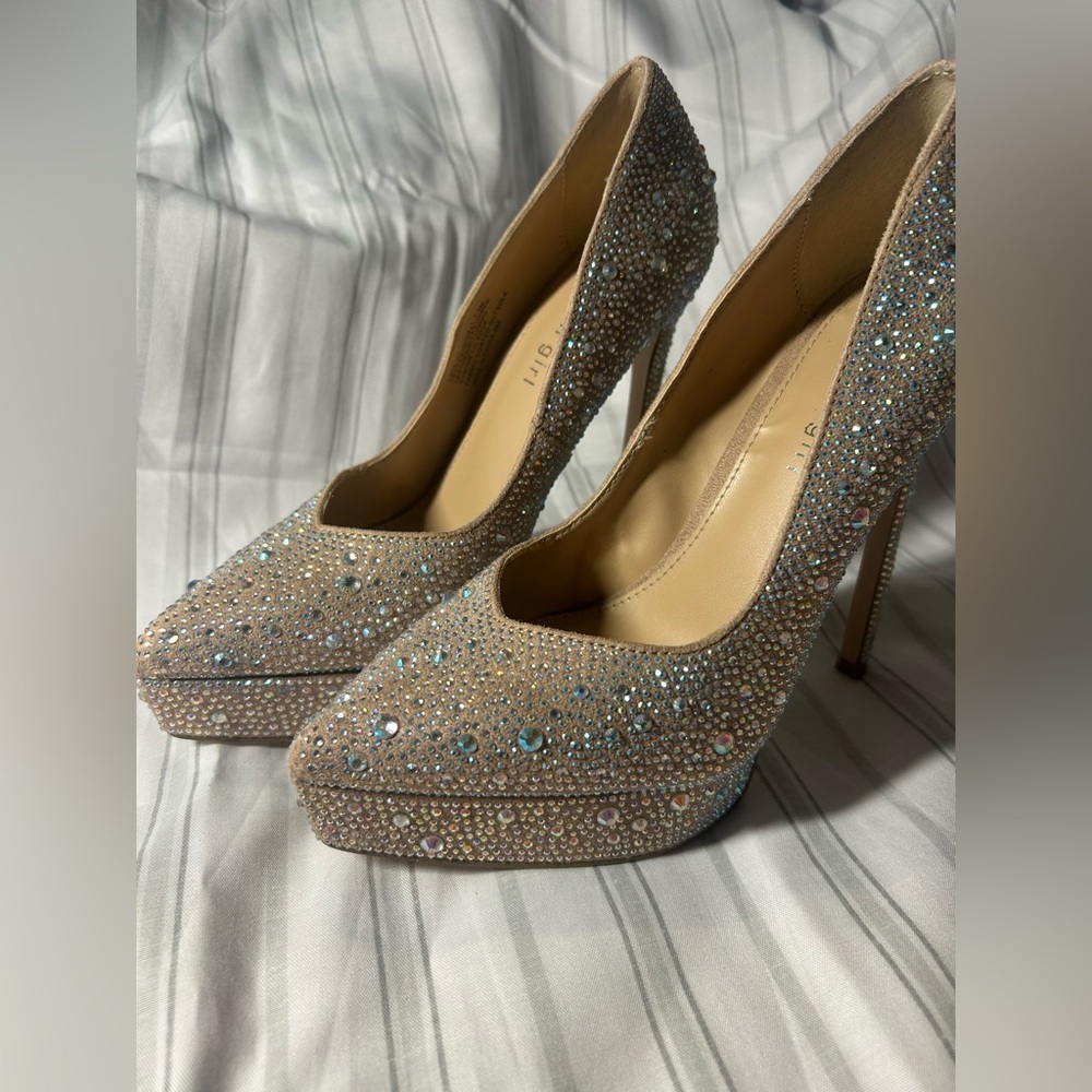 Madden Girl Elegant Crystal-Embellished Tan Heels-Size 7.5